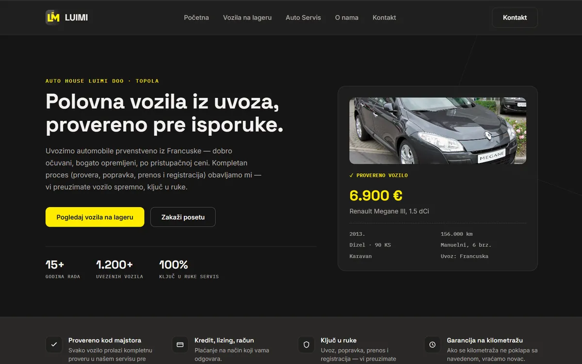 Početna strana sajta luimi.net sa izdvojenim vozilom na lageru